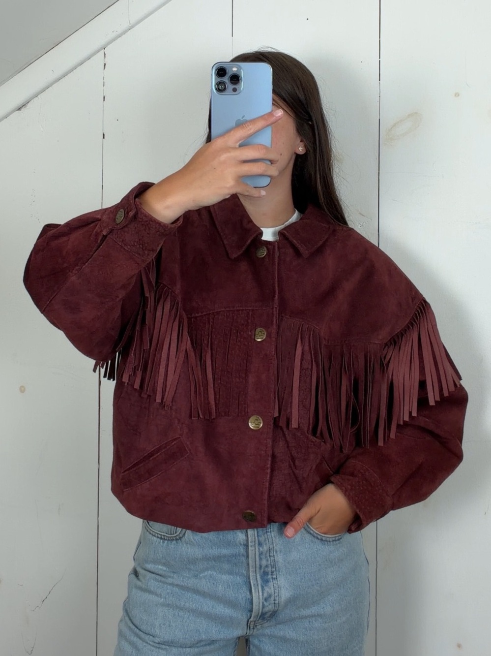Vintage Red Maroon Suede Leather Fringe Bomber Jacket Women’s Large Snap Closure